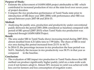 Purpose of Study:
• Estimate the achievement of IAMWARM project attributable to SRI which
contributed to increased product...