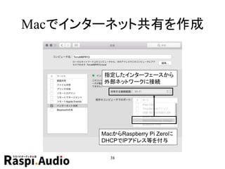 Macでインターネット共有を作成
38
MacからRaspberry Pi Zeroに
DHCPでIPアドレス等を付与
指定したインターフェースから
外部ネットワークに接続
 