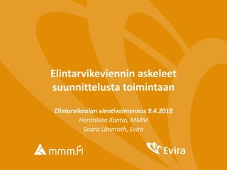Elintarvikeviennin askeleet
suunnittelusta toimintaan
Elintarvikealan vientivalmennus 9.4.2018
Hentriikka Kontio, MMM
Saara Lönnroth, Evira
 