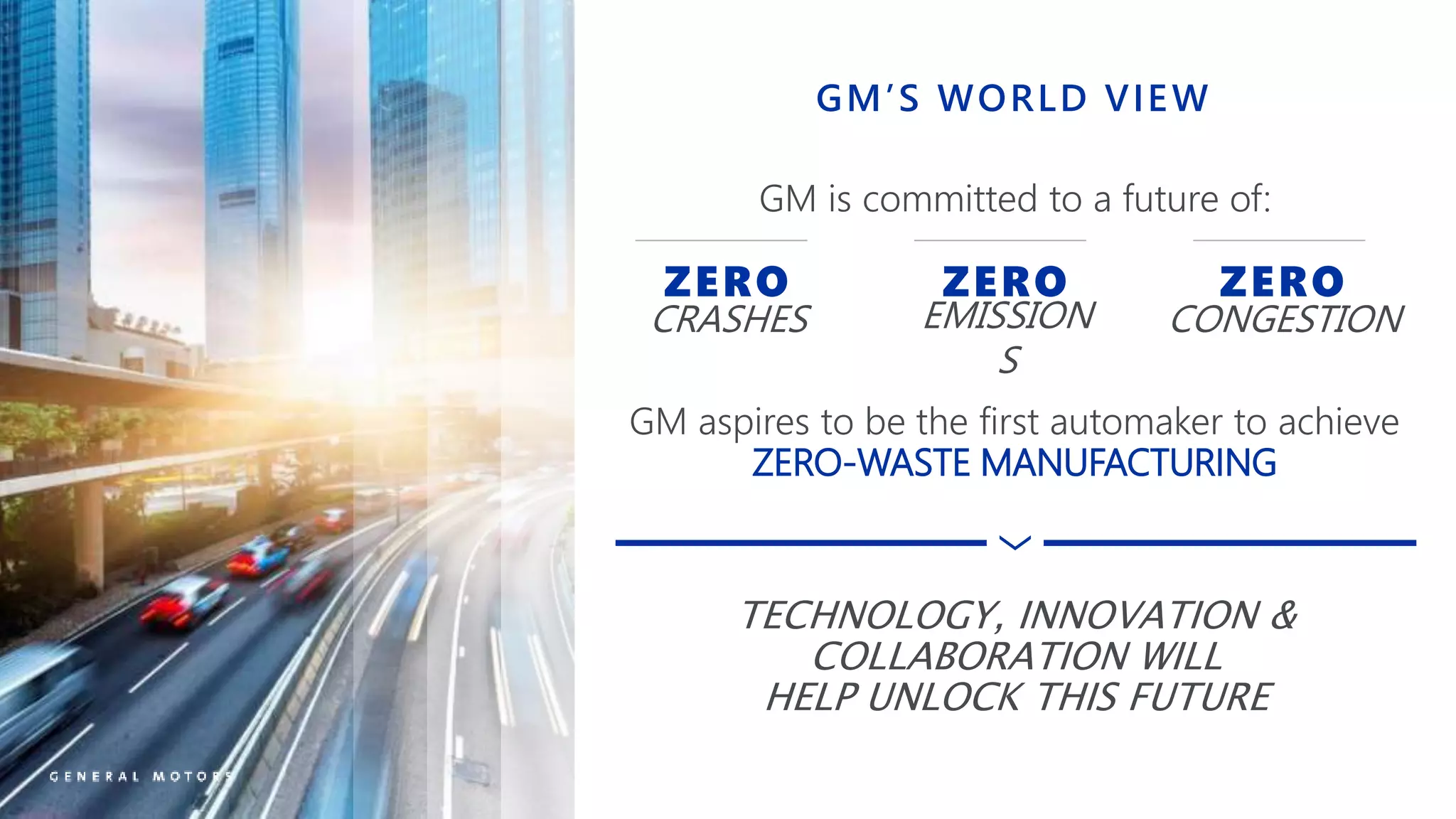 GM’S WORLD VIEW
ZERO
CRASHES
ZERO
EMISSION
S
ZERO
CONGESTION
TECHNOLOGY, INNOVATION &
COLLABORATION WILL
HELP UNLOCK THIS FUTURE
GM is committed to a future of:
GM aspires to be the first automaker to achieve
ZERO-WASTE MANUFACTURING
 