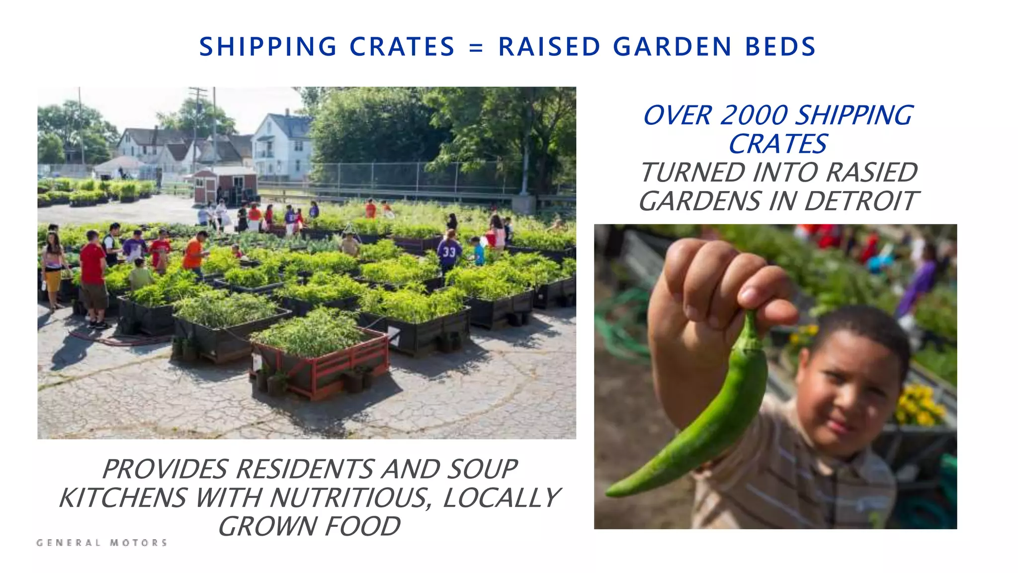 SHIPPING CRATES = RAISED GARDEN BEDS
PROVIDES RESIDENTS AND SOUP
KITCHENS WITH NUTRITIOUS, LOCALLY
GROWN FOOD
OVER 2000 SHIPPING
CRATES
TURNED INTO RASIED
GARDENS IN DETROIT
 