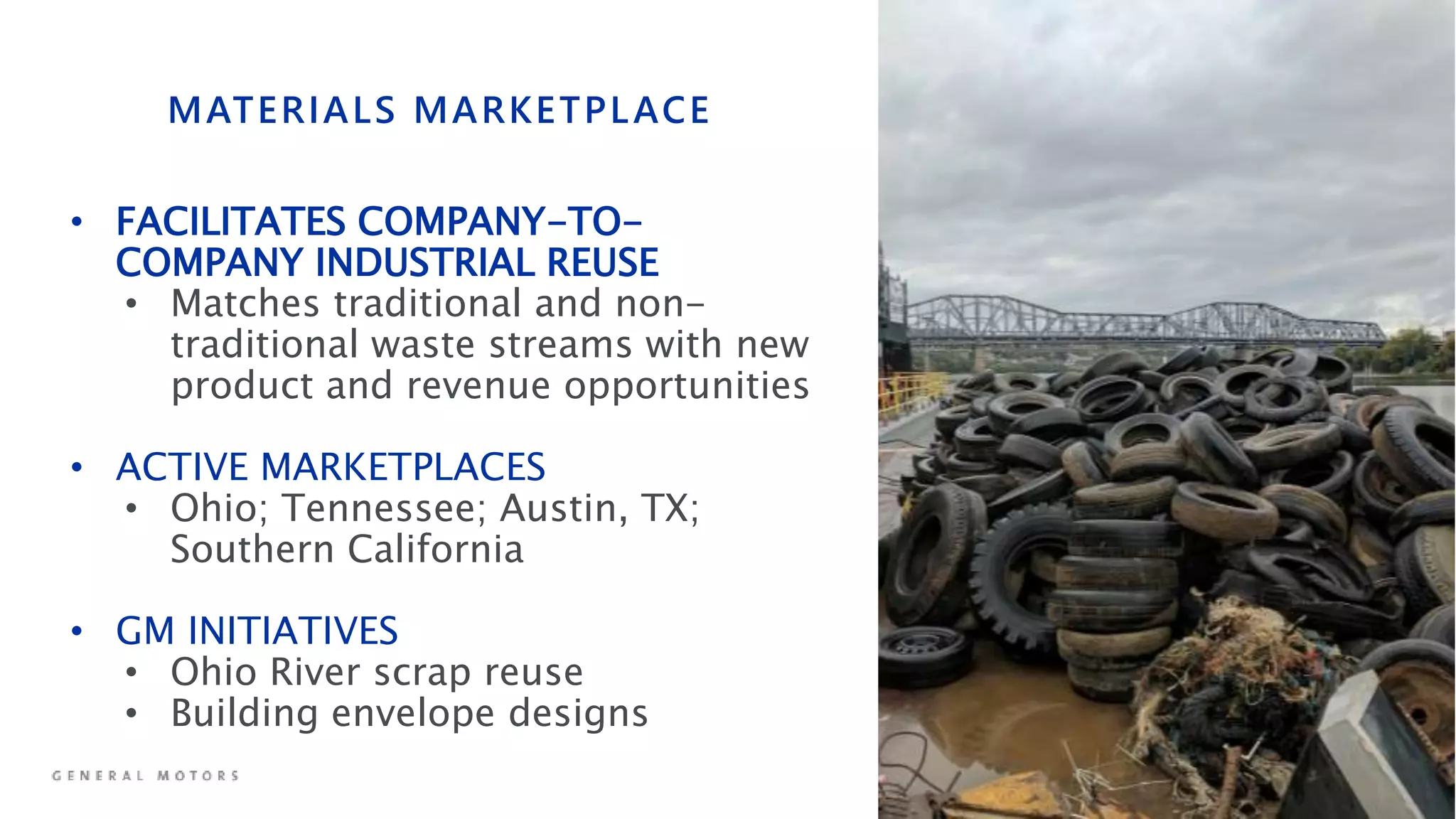MATERIALS MARKETPLACE
• FACILITATES COMPANY-TO-
COMPANY INDUSTRIAL REUSE
• Matches traditional and non-
traditional waste streams with new
product and revenue opportunities
• ACTIVE MARKETPLACES
• Ohio; Tennessee; Austin, TX;
Southern California
• GM INITIATIVES
• Ohio River scrap reuse
• Building envelope designs
 