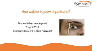 Hoe wakker is jouw organisatie?
Een workshop met impact!
9 april 2018
Monique Besselink / Joost Hakvoort
 