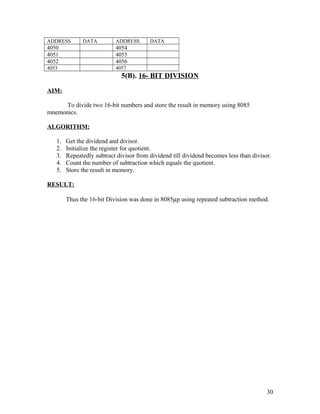 ADDRESS DATA ADDRESS DATA
4050 4054
4051 4055
4052 4056
4053 4057
5(B). 16- BIT DIVISION
AIM:
To divide two 16-bit numbers and store the result in memory using 8085
mnemonics.
ALGORITHM:
1. Get the dividend and divisor.
2. Initialize the register for quotient.
3. Repeatedly subtract divisor from dividend till dividend becomes less than divisor.
4. Count the number of subtraction which equals the quotient.
5. Store the result in memory.
RESULT:
Thus the 16-bit Division was done in 8085µp using repeated subtraction method.
30
 