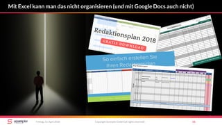Copyright Scompler GmbH (all rights reserved) 56Freitag, 13. April 2018
Mit Excel kann man das nicht organisieren (und mit Google Docs auch nicht)
 