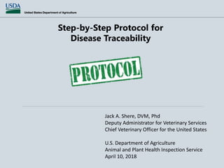 Step-by-Step Protocol for
Disease Traceability
Jack A. Shere, DVM, Phd
Deputy Administrator for Veterinary Services
Chief Veterinary Officer for the United States
U.S. Department of Agriculture
Animal and Plant Health Inspection Service
April 10, 2018
 