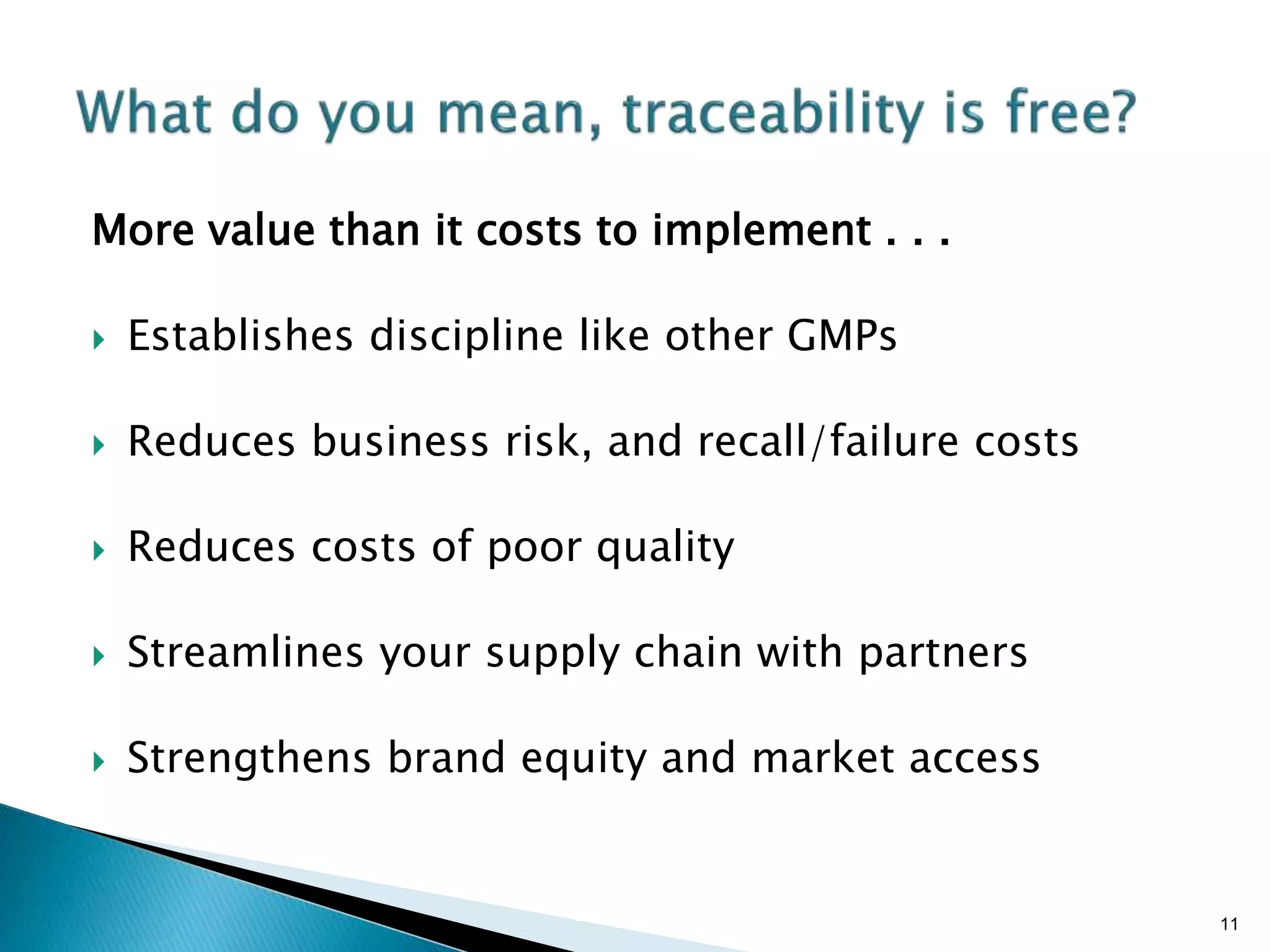 Brian Sterling
More value than it costs to implement . . .
 Establishes discipline like other GMPs
 Reduces business risk, and recall/failure costs
 Reduces costs of poor quality
 Streamlines your supply chain with partners
 Strengthens brand equity and market access
11
 
