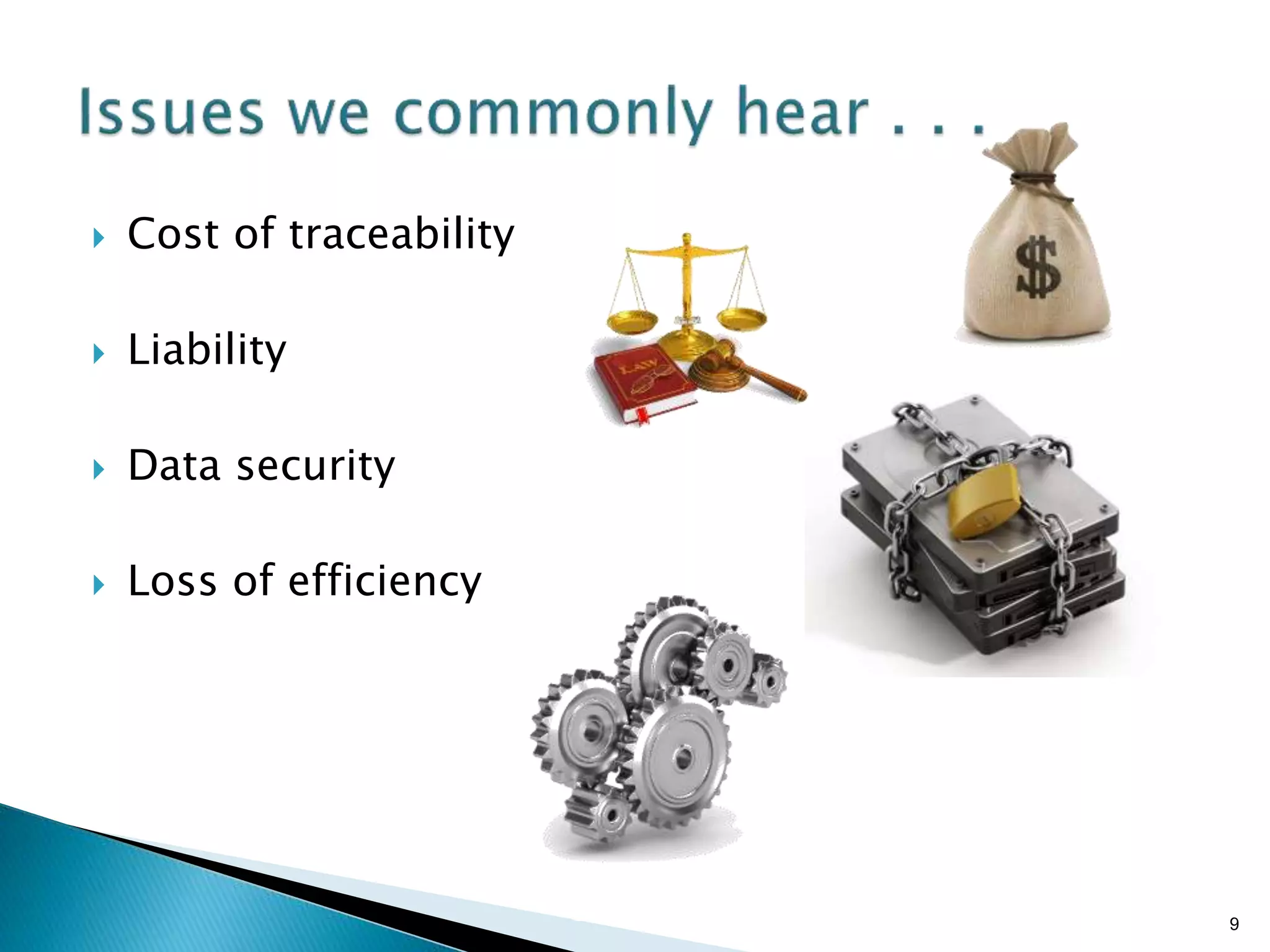 Brian Sterling
 Cost of traceability
 Liability
 Data security
 Loss of efficiency
9
 