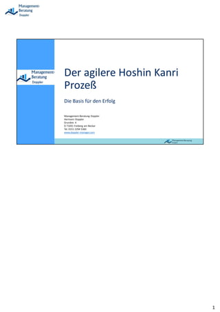 Der agilere Hoshin Kanri
Prozeß
Die Basis für den Erfolg
Management-Beratung Doppler
Hermann Doppler
Grundstr. 4
D 71691 Freiberg am Neckar
Tel. 0151 2294 5360
www.doppler-manager.com
1
 