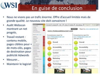 En guise de conclusion
• Nous ne visons pas un trafic énorme. Offre d’accueil limitée mais de
  grande qualité. Le nouveau site doit convaincre !
• Audit Webscan
  montrant un net
  progrès.
• Travail restant :
  contenu mobile,
  pages ciblées pour +
  de mots-clés, pages
  de destination pour
  publicité Adwords
• Mesurer…
• Maintenir le logiciel
 
