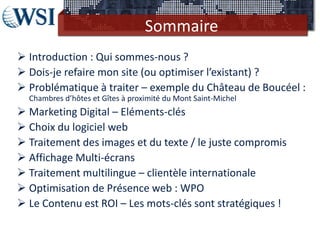 Sommaire
 Introduction : Qui sommes-nous ?
 Dois-je refaire mon site (ou optimiser l’existant) ?
 Problématique à traiter – exemple du Château de Boucéel :
  Chambres d’hôtes et Gîtes à proximité du Mont Saint-Michel
 Marketing Digital – Eléments-clés
 Choix du logiciel web
 Traitement des images et du texte / le juste compromis
 Affichage Multi-écrans
 Traitement multilingue – clientèle internationale
 Optimisation de Présence web : WPO
 Le Contenu est ROI – Les mots-clés sont stratégiques !
 