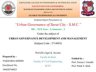 Graduate Report Presentation on
“Urban Governance of Surat City : S.M.C.”
ME – TCP, Year – I, Semester – I
Under the subject of
URBAN GOVERNANCE DEVELOPMENT AND MANAGEMENT
(Subject Code : 3714803)
Prepared by :
VAKHARIA SIDDHI
Enrollment No:
180420748023
Guided by :
Prof. Zarana J. Gandhi
Prof. Palak S. Shah
SARVAJANIK COLLEGE OF ENGINEERING & TECHNOLOGY, SURAT
FACULTY OF CIVIL ENGINEERING
MASTER OF ENGINEERING (TOWN AND COUNTRY PLANNING)
Affiliated with
GUJARAT TECHNOLOGICAL UNIVERSITY
Prof.(Dr.) Jigar K. Sevalia
Faculty & Head
Faculty of Civil Engineering,
SCET
1
 