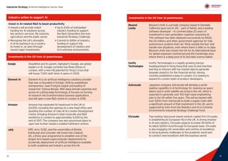 15
Industrial Strategy Artificial Intelligence Sector Deal
14
Investments in the UK from AI powerhouses
Google DeepMind and its parent, Alphabet’s Google, are global
leaders in AI. Google currently has three offices in
London, with a new HQ planned for King’s Cross that
will house 7,000 staff when it opens in 2020.
Element AI Element AI is an artificial intelligence solutions provider
that was co-founded in October 2016 by established
entrepreneur Jean-François Gagné and leading AI
researcher Yoshua Bengio. With deep domain expertise and
access to cutting-edge technology, it focuses on turning
AI research into transformative business applications
and will open a new RD centre in London in 2018.
Amazon Amazon has expanded its headcount in the UK to
24,000, including the opening of a new head office and
doubling the number of roles at its London Development
Centre, bringing Amazon’s total corporate and RD
workforce in London to approximately 5,000 by the
end of 2017. The company has also announced plans to
open two further robotics enabled fulfilment centres.
15
Investments in the UK from AI powerhouses
Beyond
Limits
Beyond Limits is a private company based in Glendale
California spun-out of JPL – part of NASA, and a leading
software developer – to commercialise 20 years of
investment in next generation cognitive reasoning AI.
This software has been deployed successfully by NASA,
the US military and other government agencies for fully
autonomous systems that can ‘think outside the box’ and
handle new situations, even where there is little or no data.
Beyond Limits has chosen the UK for its international base
for global expansion centred around the Cambridge area
where there is a deep pool of AI and data science talent.
Ironfly
Technologies
Ironfly Technologies is a rapidly growing startup
headquartered in Hong Kong that uses AI and machine
learning to interact with live market data to generate
bespoke analytics for the financial sector. Having
recently established a base in London, it is looking to
expand its London team of product developers.
Astroscale Japanese company Astroscale will develop a world
leading capability in AI technology for cleaning up space
debris and in orbit satellite servicing in the UK, which is
expected to generate over 100 high-value engineering
jobs in the UK within five years. This will be backed with
over $20m from Astroscale to build a supply chain with
a significant amount of that investment in the UK, and is
supported by £4m from the Robotics and AI in Extreme
Environments Industrial Strategy Challenge Fund.
Chrysalix Top-ranking Vancouver based venture capital firm Chrysalix,
is establishing its European HQ in the UK. A strong investor
in AI and robotics, Chrysalix expects to invest 40-60% of
its latest $250m fund through its European base. Chrysalix
is also engaging UK universities and centres of excellence
to bring business challenges to the academic world and
to connect new inventions with the business world.
Invest in AI-related RD to boost productivity
`` Industry will provide match
funding for AI solutions across
key sectors: services, life sciences,
agriculture and the public sector.
`` Recognise the UK’s strengths
in AI by backing it as a country
to invest in, as seen through
recent major investments.
`` Up to £12m of anticipated
industry funding to support
the Next Generation Services
Industrial Strategy Challenge.
`` Commit to £69m of industry
funding to support the
development of robotics and
AI in extreme environments.
Industry action to support AI
HPE, Arm, SUSE, and the universities of Bristol,
Edinburgh and Leicester will invest into Catalyst
UK, a three year programme to establish one of the
largest Arm-based supercomputer deployments to
accelerate deployment of artificial intelligence available
to both academia and industry across the UK.
HPE
 