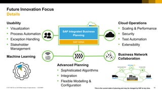 14
CUSTOMER
© 2017 SAP SE or an SAP affiliate company. All rights reserved. ǀ
Future Innovation Focus
Details
Advanced Planning
• Sophisticated Algorithms
• Integration
• Flexible Modelling &
Configuration
Business Network
Collaboration
Machine Learning
Usability
• Visualization
• Process Automation
• Exception Handling
• Stakeholder
Management
Cloud Operations
• Scaling & Performance
• Security
• Test Automation
• Extensibility
SAP Integrated Business
Planning
SAP HANA
This is the current state of planning and may be changed by SAP at any time.
 