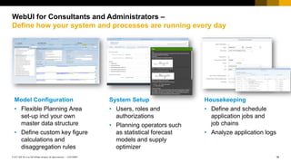 19
CUSTOMER
© 2017 SAP SE or an SAP affiliate company. All rights reserved. ǀ
WebUI for Consultants and Administrators –
Define how your system and processes are running every day
Housekeeping
• Define and schedule
application jobs and
job chains
• Analyze application logs
System Setup
• Users, roles and
authorizations
• Planning operators such
as statistical forecast
models and supply
optimizer
Model Configuration
• Flexible Planning Area
set-up incl your own
master data structure
• Define custom key figure
calculations and
disaggregation rules
 