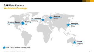 46
CUSTOMER
© 2017 SAP SE or an SAP affiliate company. All rights reserved. ǀ
SAP Data Centers
Worldwide Coverage
IBP Data Centers running IBP
Moscow
Russia
Sydney
Australia
Shanghai
China
Sterling
US
Newtown Square
US
St. Leon-Rot
Germany
 