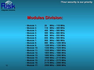 •  Module 1:  20  MHz – 118 MHz •  Module 2:  118  MHz – 400 MHz •  Module 3:  400  MHz – 500 MHz •  Module 4:  500  MHz – 800 MHz •  Module 5:  800  MHz – 850 MHz •  Module 6:  850  MHz – 900 MHz •  Module 7:  900  MHz – 960 MHz •  Module 8:  960  MHz – 1200 MHz •  Module 9:  1200 MHz – 1350 MHz •  Module 10:  1350 MHz – 1520 MHz •  Module 11:  1520 MHz – 1805 MHz •  Module 12:  1805 MHz – 1880 MHz •  Module 13:  1880 MHz – 1990 MHz •  Module 14:  1990 MHz – 2110 MHz •  Module 15:  2110 MHz – 2170 MHz •  Module 16:  2170 MHz – 2500 MHz •  Module 17:  2500 MHz – 3000 MHz Modules Division: Your security is our priority! 