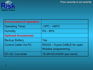 Your security is our priority! Environment of operation -10ºC - +65ºC Operating Temp. 5% - 80% Humidity Optional Accessories Yes Backup Battery RS232 – 9 pins CABLE for open  Window programming Control Cable Via PC 18-36VDC/400W (per band) DC-DC Converter 