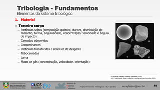 Instituto de
Materiais
Cerâmicos
1. Material
 Terceiro corpo
̶ Partículas soltas (composição química, dureza, distribuição de
tamanho, forma, angulosidade, concentração, velocidade e ângulo
de impacto)
̶ Camadas adsorvidas
̶ Contaminantes
̶ Partículas transferidas e resíduos de desgaste
̶ Tribocamadas
̶ Lama
̶ Fluxo de gás (concentração, velocidade, orientação)
19
Tribologia - Fundamentos
Elementos do sistema tribológico
Projeto Pavimentos Tribológicos - SCIT 52/2013 mcmfarias@ucs.br
B. Bhushan, Modern tribology handbook, 2000.
G.W. Stachowiak, Wear: materials, mechanisms and practice, 2006.
 
