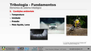 Instituto de
Materiais
Cerâmicos
5. Condições ambientais
 Temperatura
 Umidade
 Pressão
 Meio líquido, Lama
24
Tribologia - Fundamentos
Elementos do sistema tribológico
Projeto Pavimentos Tribológicos - SCIT 52/2013 mcmfarias@ucs.br
K. H. Zum-Gahr. Microstructure and wear of materials, 1987.
B. Bhushan, Introduction to tribology, 2013.
 