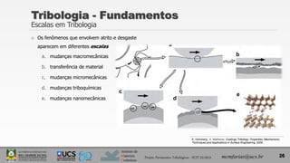 Instituto de
Materiais
Cerâmicos
 Os fenômenos que envolvem atrito e desgaste
aparecem em diferentes escalas
a. mudanças macromecânicas
b. transferência de material
c. mudanças micromecânicas
d. mudanças triboquímicas
e. mudanças nanomecânicas
26
Tribologia - Fundamentos
Escalas em Tribologia
Projeto Pavimentos Tribológicos - SCIT 52/2013 mcmfarias@ucs.br
K. Holmberg;, A. Matthews, Coatings Tribology: Properties, Mechanisms,
Techniques and Applications in Surface Engineering, 2009.
 