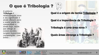 Instituto de
Materiais
Cerâmicos
Projeto Pavimentos Tribológicos - SCIT 52/2013 3
mcmfarias@ucs.br
Qual é a origem do termo Tribologia ?
Qual é a importância da Tribologia ?
Tribologia é uma área nova ?
Quais áreas abrange a Tribologia ?
O que é Tribologia ?
A palavra
Tribologia é
relativamente nova
e seu significado é
ainda obscuro para
a maior parte da
comunidade e,
ainda hoje, assim
que atinge os
nossos ouvidos,
surgem humorosas
comparações com
tribos ...
 