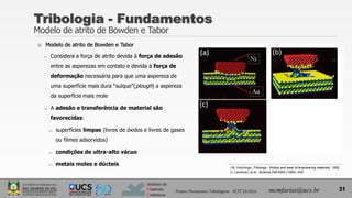 Instituto de
Materiais
Cerâmicos
Tribologia - Fundamentos
Modelo de atrito de Bowden e Tabor
 Modelo de atrito de Bowden e Tabor
̶ Considera a força de atrito devida à força de adesão
entre as asperezas em contato e devida à força de
deformação necessária para que uma aspereza de
uma superfície mais dura "sulque"(plough) a aspereza
da superfície mais mole
̶ A adesão e transferência de material são
favorecidas:
̶ superfícies limpas (livres de óxidos e livres de gases
ou filmes adsorvidos)
̶ condições de ultra-alto vácuo
̶ metais moles e dúcteis
31
I.M. Hutchings, Tribology - friction and wear of engineering materials, 1992.
U. Landman, et al., Science 248.4954 (1990): 454.
Projeto Pavimentos Tribológicos - SCIT 52/2013 mcmfarias@ucs.br
 