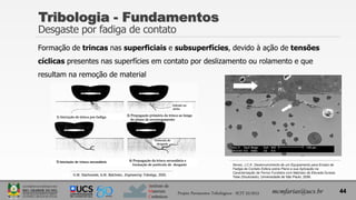 Instituto de
Materiais
Cerâmicos
Formação de trincas nas superficiais e subsuperfícies, devido à ação de tensões
cíclicas presentes nas superfícies em contato por deslizamento ou rolamento e que
resultam na remoção de material
Tribologia - Fundamentos
Desgaste por fadiga de contato
44
mcmfarias@ucs.br
Projeto Pavimentos Tribológicos - SCIT 52/2013
G.W. Stachowiak; A.W. Batchelor, Engineering Tribology, 2005.
Neves, J.C.K. Desenvolvimento de um Equipamento para Ensaio de
Fadiga de Contato Esfera sobre Plano e sua Aplicação na
Caracterização de Ferros Fundidos com Matrizes de Elevada Dureza.
Tese (Doutorado), Universidade de São Paulo, 2006.
 