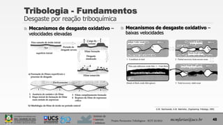 Instituto de
Materiais
Cerâmicos
 Mecanismos de desgaste oxidativo –
velocidades elevadas
 Mecanismos de desgaste oxidativo –
baixas velocidades
Tribologia - Fundamentos
Desgaste por reação triboquímica
48
mcmfarias@ucs.br
Projeto Pavimentos Tribológicos - SCIT 52/2013
G.W. Stachowiak; A.W. Batchelor, Engineering Tribology, 2005.
 