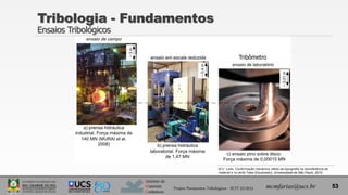Instituto de
Materiais
Cerâmicos
Tribologia - Fundamentos
Ensaios Tribológicos
53
mcmfarias@ucs.br
Projeto Pavimentos Tribológicos - SCIT 52/2013
M.V. Leite, Conformação mecânica: efeito da topografia na transferência de
material e no atrito Tese (Doutorado), Universidade de São Paulo, 2010.
Tribômetro
 
