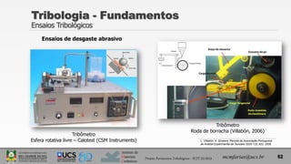 Instituto de
Materiais
Cerâmicos
Ensaios de desgaste abrasivo
Tribologia - Fundamentos
Ensaios Tribológicos
62
mcmfarias@ucs.br
Projeto Pavimentos Tribológicos - SCIT 52/2013
L. Villabón; A. Sinatora. Revista da Associação Portuguesa
de Análise Experimental de Tensões ISSN 122, 922, 2006.
Tribômetro
Esfera rotativa livre – Calotest (CSM Instruments)
Tribômetro
Roda de borracha (Villabón, 2006)
 