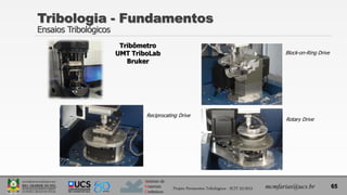 Instituto de
Materiais
Cerâmicos
Tribologia - Fundamentos
Ensaios Tribológicos
65
mcmfarias@ucs.br
Projeto Pavimentos Tribológicos - SCIT 52/2013
Block-on-Ring Drive
Rotary Drive
Reciprocating Drive
Tribômetro
UMT TriboLab
Bruker
 