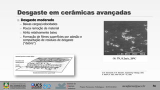 Instituto de
Materiais
Cerâmicos
 Desgaste moderado
̶ Baixas cargas/velocidades
̶ Pouca remoção de material
̶ Atrito relativamente baixo
̶ Formação de filmes superfícies por adesão e
compactação de resíduos de desgaste
(“debris”)
Desgaste em cerâmicas avançadas
mcmfarias@ucs.br 74
G.W. Stachowiak; A.W. Batchelor, Engineering Tribology, 2005.
K. Adachi; K. Kato, Wear 245, 84 – 91, 2000.
Projeto Pavimentos Tribológicos - SCIT 52/2013
 