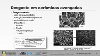 Instituto de
Materiais
Cerâmicos
 Desgaste severo
̶ Altas cargas/velocidades
̶ Remoção de material significativa
̶ Atrito relativamente alto
̶ Desgaste por
̶ Abrasão
̶ Adesão
̶ Fratura intergranular
̶ Corrosão
Desgaste em cerâmicas avançadas
mcmfarias@ucs.br 75
G.W. Stachowiak; A.W. Batchelor, Engineering Tribology, 2005.
K. Adachi; K. Kato, Wear 245, 84 – 91, 2000.
Projeto Pavimentos Tribológicos - SCIT 52/2013
 