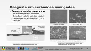 Instituto de
Materiais
Cerâmicos
 Desgaste a elevadas temperaturas
̶ Aquecimento por atrito ou externo
̶ Oxidação do material (carbetos, nitretos)
̶ Desgaste por reação triboquímica (tribo-
oxidação
Desgaste em cerâmicas avançadas
mcmfarias@ucs.br 76
G.W. Stachowiak; A.W. Batchelor, Engineering Tribology, 2005.
G.W. Stachowiak; A.W. Batchelor, Engineering Tribology, 2005.
K. Adachi; K. Kato, Wear 245, 84 – 91, 2000.
Projeto Pavimentos Tribológicos - SCIT 52/2013
 