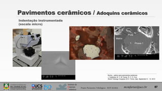 Instituto de
Materiais
Cerâmicos
Pavimentos cerâmicos / Adoquins cerâmicos
mcmfarias@ucs.br 87
Indentação instrumentada
(escala micro)
Rocha – aditivo para pavimentos cerâmicos
J. Catafesta; M. C. M. Farias; R. C. D. Cruz
World Tribology Congress 2013, Torino, Italy, September 8 – 13, 2013
Projeto Pavimentos Tribológicos - SCIT 52/2013
 