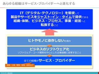 あらゆる組織はサービス・プロバイダーへと進化する
IT（デジタル･テクノロジー）を駆使して
製品やサービスをジャスト･イン・タイムで提供できる
組織･体制、ビジネス・プロセス、事業・経営へと
転換すること
ヒトやモノに依存しない仕組み
ビジネスのソフトウェア化
ソフトウェア・コード開発を中心とした企業組織に変革すること
全ての組織がサービス・プロバイダー
営業、工場、開発、経理、経営など
 