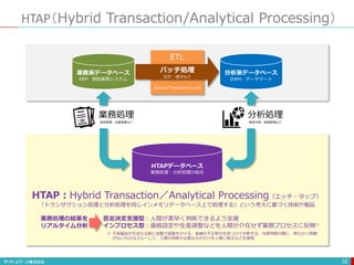 HTAP（Hybrid Transaction/Analytical Processing）
33
バッチ処理
日次・週次など
ETL
Extract/Transform/Load
業務系データベース
ERP、個別業務システム
分析系データベース
DWH、データマート
業務処理
販売管理、生産管理など
分析処理
販売予測、品質管理など
HTAPデータベース
業務処理・分析処理の統合
HTAP：Hybrid Transaction／Analytical Processing（エッチ・タップ）
「トランザクション処理と分析処理を同じインメモリデータベース上で処理する」という考えに基づく技術や製品
意志決定支援型：人間が素早く判断できるよう支援
インプロセス型：価格設定や生産調整などを人間が介在せず業務プロセスに反映※
業務処理の結果を
リアルタイム分析
不良製品が生まれる前に自動で調整をかける、金融の不正取引を見つけて中断する、与信判断の際に、明らかに問題
がないものはスルーして、人間の判断が必要なものだけを人間に振るなどを実現
※
 