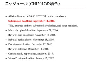 スケジュール（CHI2017の場合）
– All deadlines are at 20:00 EDT/EST on the date shown.
– Submission deadline: September 14, 2016.
Title, abstract, authors, subcommittee choices, and other metadata.
– Materials upload deadline: September 21, 2016.
– Reviews sent to authors: November 18, 2016.
– Rebuttal period closes: November 23, 2016.
– Decision notification: December 12, 2016.
– Reviews released: December 14, 2016.
– Camera-ready papers due: January 6, 2017.
– Video Previews deadline: January 13, 2017.
 