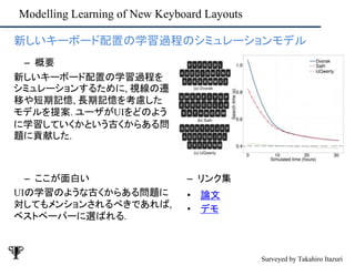 Modelling Learning of New Keyboard Layouts
– ここが面白い
UIの学習のような古くからある問題に
対してもメンションされるべきであれば,
ベストペーパーに選ばれる.
– リンク集
• 論文
• デモ
• 新しいキーボード配置の学習過程のシミュレーションモデル
– 概要
新しいキーボード配置の学習過程を
シミュレーションするために, 視線の遷
移や短期記憶, 長期記憶を考慮した
モデルを提案. ユーザがUIをどのよう
に学習していくかという古くからある問
題に貢献した.
Surveyed by Takahiro Itazuri
 