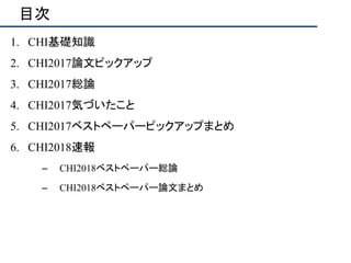 目次
1. CHI基礎知識
2. CHI2017論文ピックアップ
3. CHI2017総論
4. CHI2017気づいたこと
5. CHI2017ベストペーパーピックアップまとめ
6. CHI2018速報
– CHI2018ベストペーパー総論
– CHI2018ベストペーパー論文まとめ
 