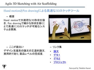 Agile 3D Sketching with Air Scaffolding
– ここが面白い
デザイン支援系の論文の王道的論文.
実用的であり, 製品レベルの完成度.
– リンク集
• 論文
• デモ１
• デモ２
• プロジェクト
• Hand motionとPen drawingによる高速な3Dスケッチツール
– 概要
Hand motionで大雑把な3D形状を描
き, Pen drawingで細かな形状を描くこ
とで高速に3Dスケッチが可能なシス
テムを開発.
Surveyed by Takahiro Itazuri
 