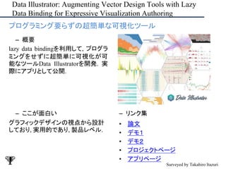 Data Illustrator: Augmenting Vector Design Tools with Lazy
Data Binding for Expressive Visualization Authoring
– ここが面白い
グラフィックデザインの視点から設計
しており, 実用的であり, 製品レベル.
– リンク集
• 論文
• デモ１
• デモ２
• プロジェクトページ
• アプリページ
• プログラミング要らずの超簡単な可視化ツール
– 概要
lazy data bindingを利用して, プログラ
ミングをせずに超簡単に可視化が可
能なツールData Illustratorを開発. 実
際にアプリとして公開.
Surveyed by Takahiro Itazuri
 