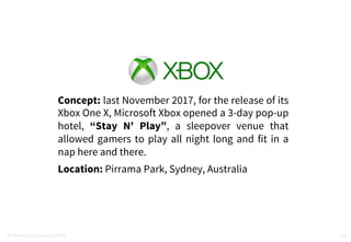 150
Concept: last November 2017, for the release of its
Xbox One X, Microsoft Xbox opened a 3-day pop-up
hotel, “Stay N' P...