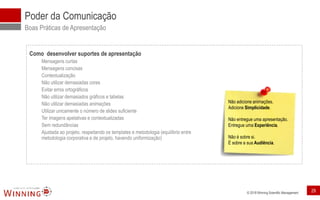 © 2018 Winning Scientific Management
Poder da Comunicação
Boas Práticas de Apresentação
Como desenvolver suportes de apresentação
Mensagens curtas
Mensagens concisas
Contextualização
Não utilizar demasiadas cores
Evitar erros ortográficos
Não utilizar demasiados gráficos e tabelas
Não utilizar demasiadas animações
Utilizar unicamente o número de slides suficiente
Ter imagens apelativas e contextualizadas
Sem redundâncias
Ajustada ao projeto, respeitando os templates e metodologia (equilíbrio entre
metodologia corporativa e de projeto, havendo uniformização)
Não adicione animações.
Adicione Simplicidade.
Não entregue uma apresentação.
Entregue uma Experiência.
Não é sobre si.
É sobre a sua Audiência.
29
 