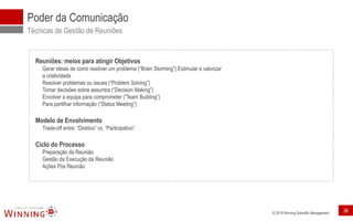 © 2018 Winning Scientific Management
Poder da Comunicação
Técnicas de Gestão de Reuniões
Reuniões: meios para atingir Objetivos
Gerar ideias de como resolver um problema (“Brain Storming”) Estimular e valorizar
a criatividade
Resolver problemas ou issues (“Problem Solving”)
Tomar decisões sobre assuntos (“Decision Making”)
Envolver a equipa para comprometer (“Team Building”)
Para partilhar informação (“Status Meeting”)
Modelo de Envolvimento
Trade-off entre: “Diretivo” vs. “Participativo”
Ciclo do Processo
Preparação da Reunião
Gestão da Execução da Reunião
Ações Pós Reunião
36
 