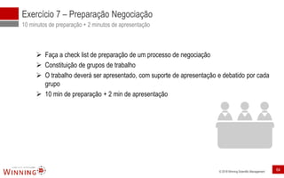 © 2018 Winning Scientific Management
Exercício 7 – Preparação Negociação
10 minutos de preparação + 2 minutos de apresentação
➢ Faça a check list de preparação de um processo de negociação
➢ Constituição de grupos de trabalho
➢ O trabalho deverá ser apresentado, com suporte de apresentação e debatido por cada
grupo
➢ 10 min de preparação + 2 min de apresentação
64
 