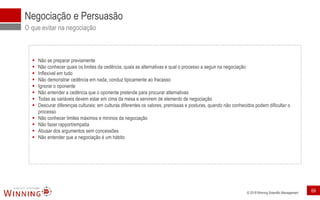 © 2018 Winning Scientific Management
Negociação e Persuasão
O que evitar na negociação
▪ Não se preparar previamente
▪ Não conhecer quais os limites da cedência, quais as alternativas e qual o processo a seguir na negociação
▪ Inflexível em tudo
▪ Não demonstrar cedência em nada, conduz tipicamente ao fracasso
▪ Ignorar o oponente
▪ Não entender a cedência que o oponente pretende para procurar alternativas
▪ Todas as variáveis devem estar em cima da mesa e servirem de elemento de negociação
▪ Descurar diferenças culturais: em culturas diferentes os valores, premissas e posturas, quando não conhecidos podem dificultar o
processo
▪ Não conhecer limites máximos e mininos da negociação
▪ Não fazer rapport/empatia
▪ Abusar dos argumentos sem concessões
▪ Não entender que a negociação é um hábito
69
 