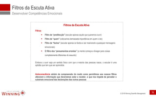 © 2018 Winning Scientific Management
Filtros da Escuta Ativa
Desenvolver Competências Emocionais
Filtros da Escuta Ativa
Filtros:
▪ Filtro de “predilecção” (escutar apenas aquilo que queremos ouvir)
▪ Filtro de “quem” (colocamos demasiada importância em quem o diz)
▪ Filtro de “factos” (escutar apenas os factos e ser insensivel a quaisquer mensagens
emocionais)
▪ O filtro dos “pensamentos errantes” (a mente começa a divagar para coisas
completamente diferentes do assunto)
Embora o ouvir seja um sentido físico com que a maioria das pessoas nasce, o escutar é uma
aptidão que tem que ser aprendida.
Autoconsciência advém da compreensão do modo como permitimos aos nossos filtros
alterarem a informação que deveríamos estar a receber, o que nos impede de perceber o
substrato emocional das declarações das outras pessoas
76
 