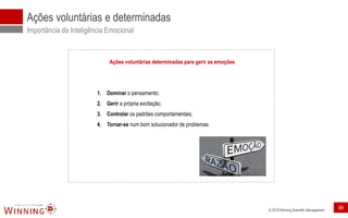 © 2018 Winning Scientific Management
Ações voluntárias e determinadas
Importância da Inteligência Emocional
Ações voluntárias determinadas para gerir as emoções
1. Dominar o pensamento;
2. Gerir a própria excitação;
3. Controlar os padrões comportamentais;
4. Tornar-se num bom solucionador de problemas.
89
 